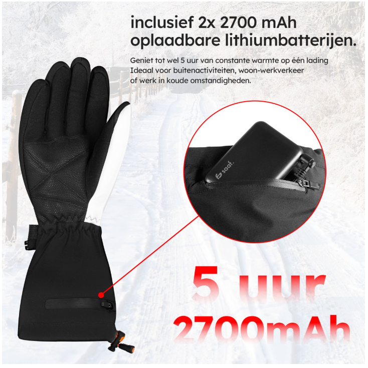 Saaf - Beheizte Handschuhe Premium - Größe L - Weißes & schwarzes Polyester - 3 Wärmestufen & wiederaufladbar - Wasser- & Windabweisend - Optimaler Komfort