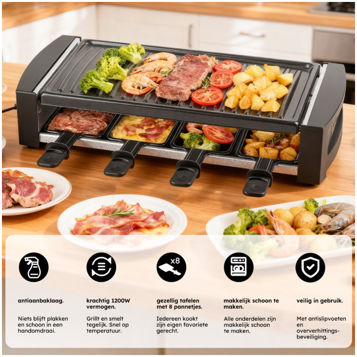 Saaf Gourmet & Raclette Set - 1200W - Mit abnehmbarer Grillplatte & Antihaftbeschichtung - Für 8 Personen - Spülmaschinenfest - Schwarzes Metall