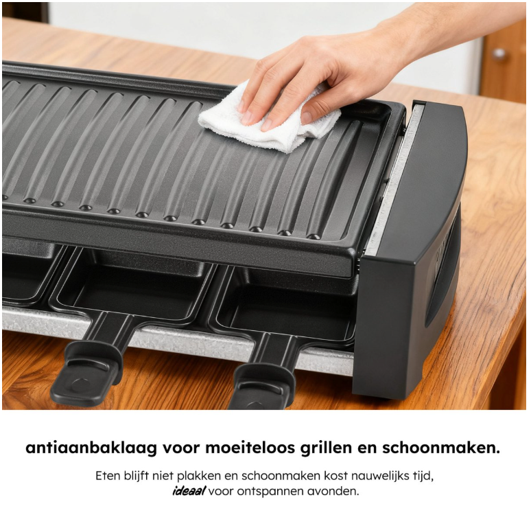 Saaf Gourmet & Raclette Set - 1200W - Mit abnehmbarer Grillplatte & Antihaftbeschichtung - Für 8 Personen - Spülmaschinenfest - Schwarzes Metall