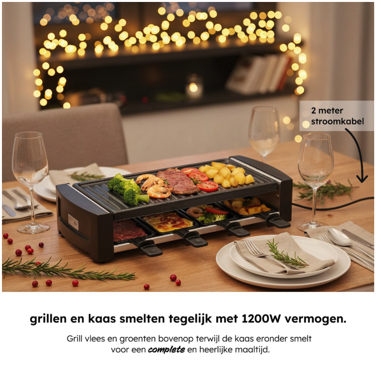 Saaf Gourmet & Raclette Set - 1200W - Mit abnehmbarer Grillplatte & Antihaftbeschichtung - Für 8 Personen - Spülmaschinenfest - Schwarzes Metall