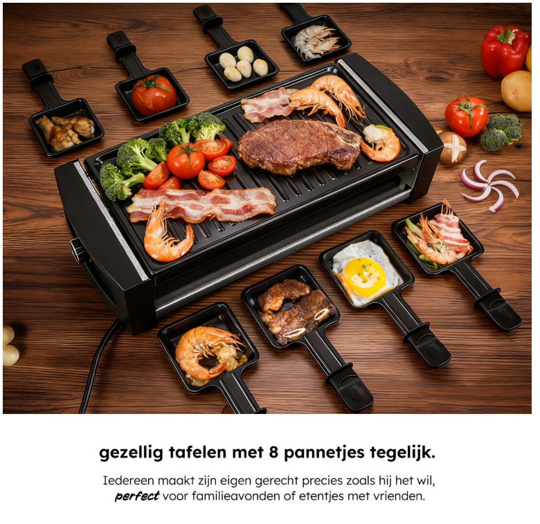 Saaf Gourmet & Raclette Set - 1200W - Mit abnehmbarer Grillplatte & Antihaftbeschichtung - Für 8 Personen - Spülmaschinenfest - Schwarzes Metall