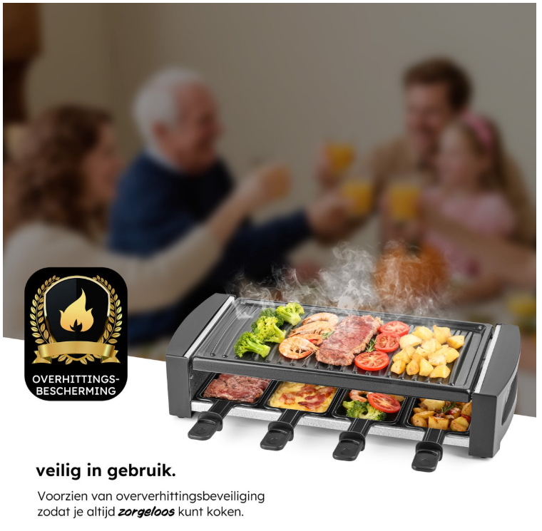 Saaf Gourmet & Raclette Set - 1200W - Mit abnehmbarer Grillplatte & Antihaftbeschichtung - Für 8 Personen - Spülmaschinenfest - Schwarzes Metall