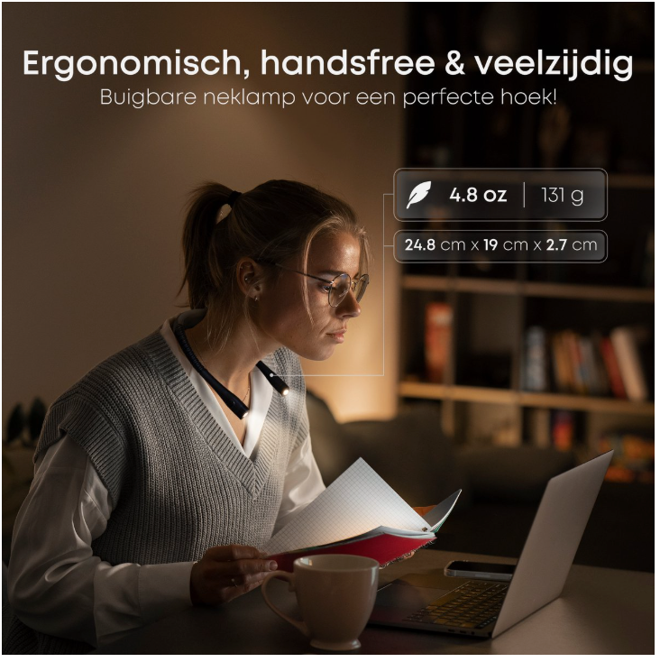 Skoov - Nackenleuchte & Leselampe - Schwarzer Kunststoff - 3 Lichtfarben & 6 Helligkeitsstufen - Wiederaufladbar über USB - Freihändig & biegbar - Ideal zum Lesen im Bett & zum Basteln