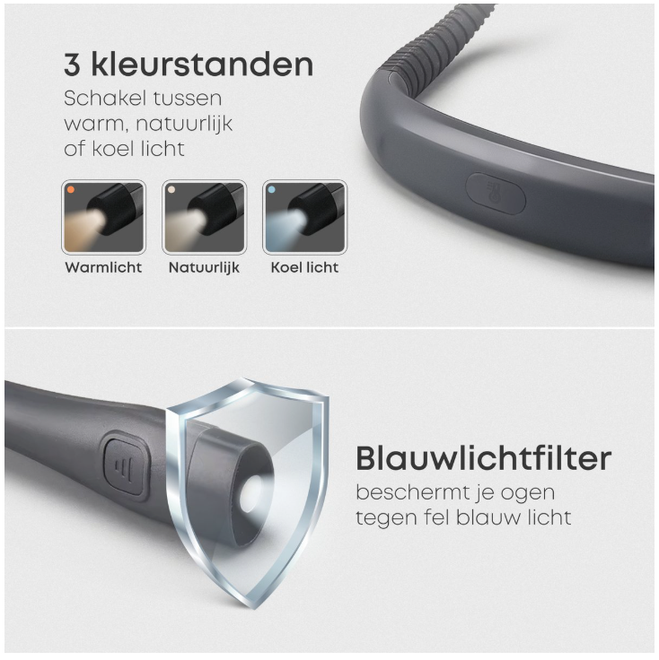 Skoov - Nackenleuchte & Leselampe - Schwarzer Kunststoff - 3 Lichtfarben & 6 Helligkeitsstufen - Wiederaufladbar über USB - Freihändig & biegbar - Ideal zum Lesen im Bett & zum Basteln