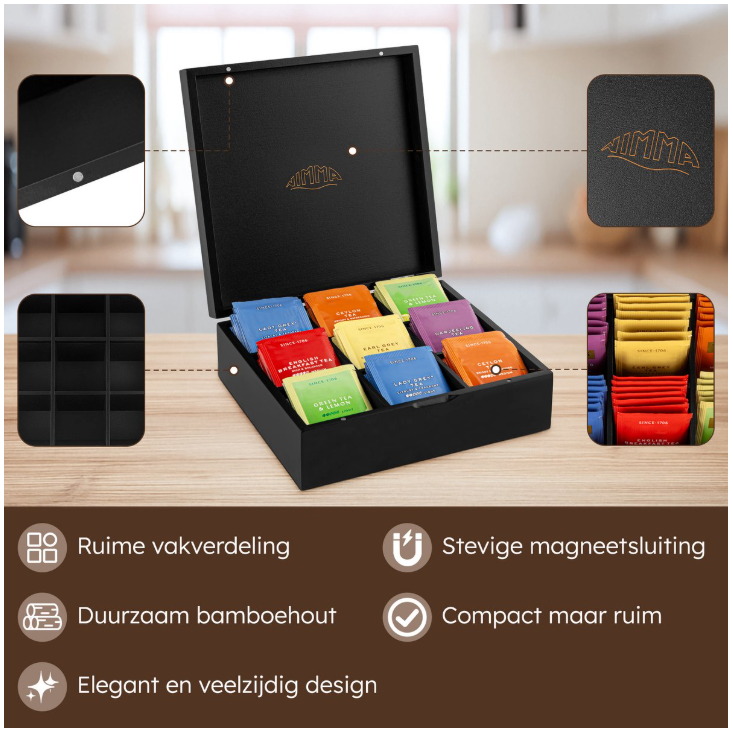 Nimma - Luxuriöse Teebox - 9 Fächer - Schwarzer Bambus - Mit Magnetverschluss & kompaktem Design - Tee-Organizer - Stilvoll & Langlebig