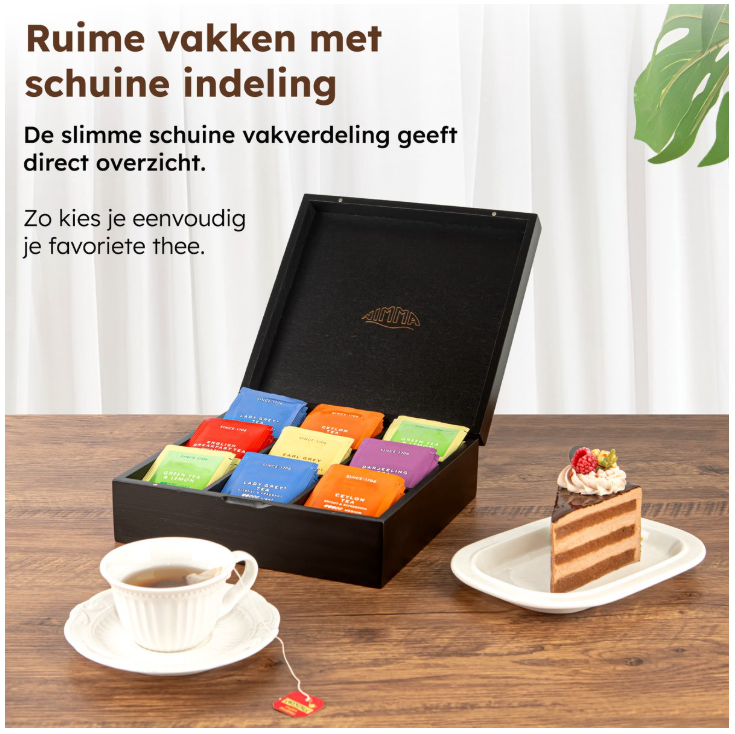 Nimma - Luxuriöse Teebox - 9 Fächer - Schwarzer Bambus - Mit Magnetverschluss & kompaktem Design - Tee-Organizer - Stilvoll & Langlebig