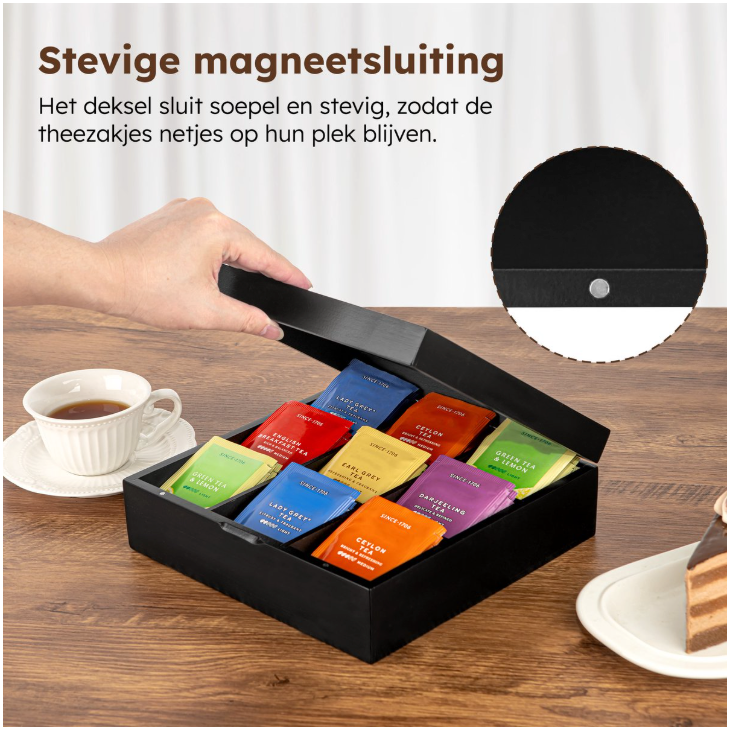 Nimma - Luxuriöse Teebox - 9 Fächer - Schwarzer Bambus - Mit Magnetverschluss & kompaktem Design - Tee-Organizer - Stilvoll & Langlebig