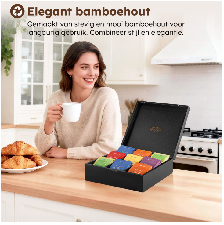 Nimma - Luxuriöse Teebox - 9 Fächer - Schwarzer Bambus - Mit Magnetverschluss & kompaktem Design - Tee-Organizer - Stilvoll & Langlebig
