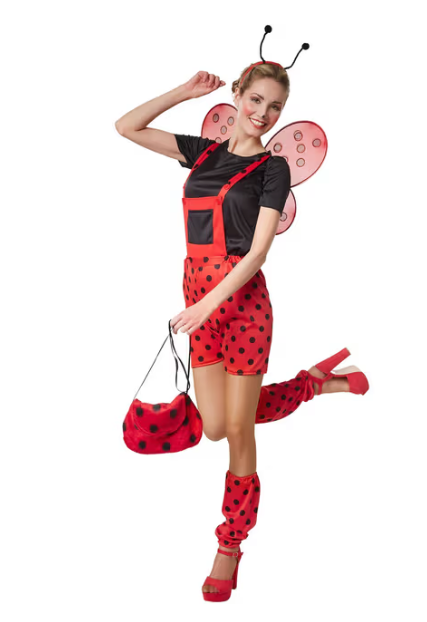 DressForFun - Marina Marienkäfer Kostüm - Größe S - Rot & Schwarzes Polyester - Gepunktete Gartenhose & T-Shirt - Inklusive Stulpen & Haarschmuck - Karnevalskostüm für Damen