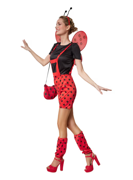 DressForFun - Marina Marienkäfer Kostüm - Größe S - Rot & Schwarzes Polyester - Gepunktete Gartenhose & T-Shirt - Inklusive Stulpen & Haarschmuck - Karnevalskostüm für Damen