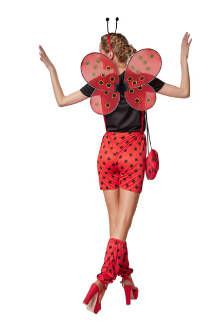 DressForFun - Marina Marienkäfer Kostüm - Größe S - Rot & Schwarzes Polyester - Gepunktete Gartenhose & T-Shirt - Inklusive Stulpen & Haarschmuck - Karnevalskostüm für Damen