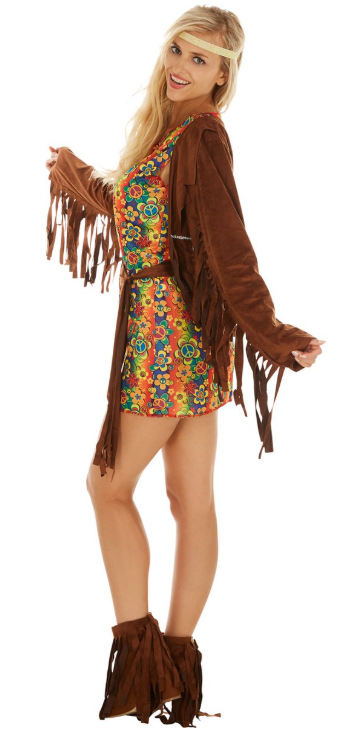 DressForFun - Hippie Flower Power Kostüm - Größe S - Multi & Braun Polyester - Buntes Retro Kleid mit Samtweste - Inklusive Haarband & Stiefelkappen - 60er & 70er Jahre Kostüm