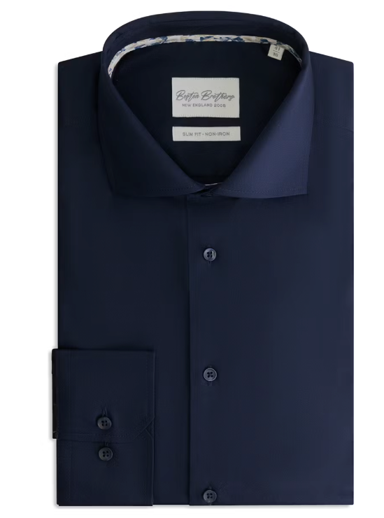 Boston Brothers - Business-Hemd Wide Spread - Größe 38 & Slim Fit - Mit kontrastierenden Knöpfen und pflegeleichter Verarbeitung - Formaler Anlass - Navy Twill