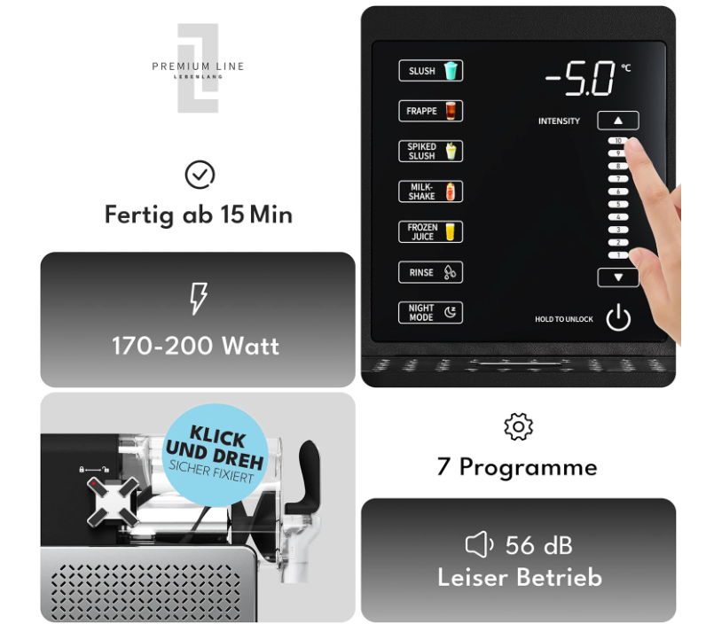 LEBENLANG - Premium Slush-Maschine 2L - 5 Modi - QuickFreeze in 15 min - Auto-Clean & LED Touchscreen - Inkl. Rezeptbuch - Slushie Maker für Zuhause, Partys & Kindergeburtstage