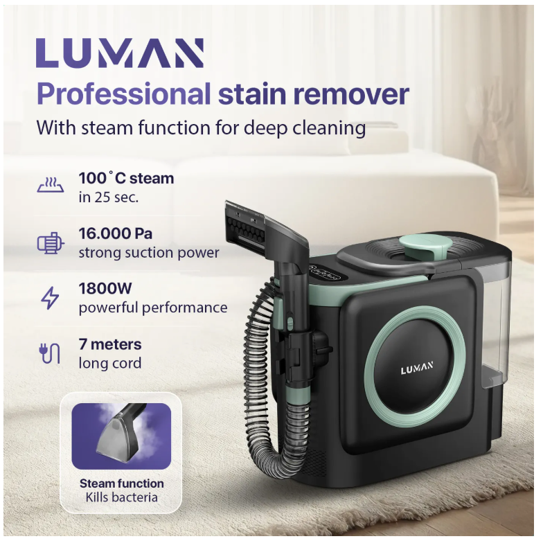 LUMAN 10 in 1 Teppichreiniger Pro 1800W - 100°C Dampffunktion und Selbstreinigung - Fleckenreiniger - Dampfreiniger - Sitzreiniger - Reiniger für Sofa, Boden, Auto und Teppich - 7 Meter Kabel