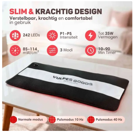 Vulpes Goods® - Tragbares Infrarotband XL - 61 x 30,5 cm - Mit 242 LEDs und 5 Intensitätsstufen und Pulsmodus und Timer - Für Rücken und Schultern und Beine - Schwarzes PU und TPU