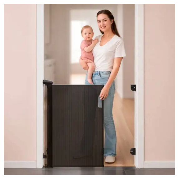 Vulpes Goods® - Aufrollbares Treppentor® - 145 x 84 cm - Ausgestattet mit Push-En-Lock-Kindersicherung und Farbindikator und Einhandbedienung - Für Kinder und Haustiere - Schwarzer Kunststoff und Mesh