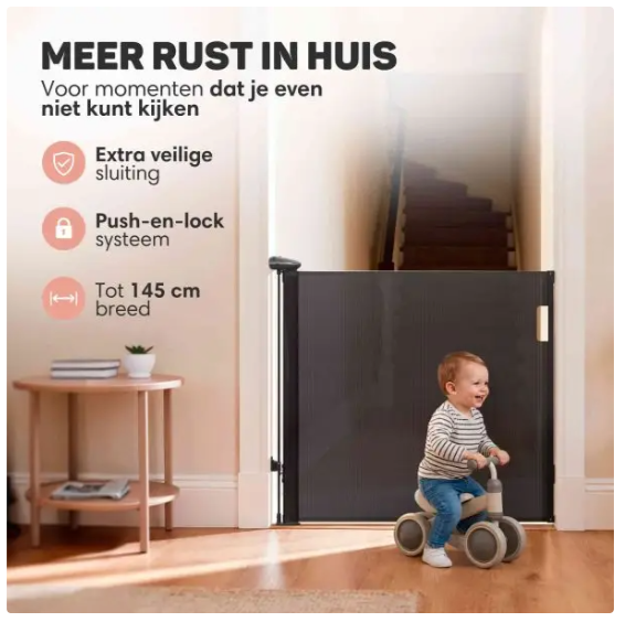 Vulpes Goods® - Aufrollbares Treppentor® - 145 x 84 cm - Ausgestattet mit Push-En-Lock-Kindersicherung und Farbindikator und Einhandbedienung - Für Kinder und Haustiere - Schwarzer Kunststoff und Mesh