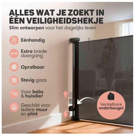 Vulpes Goods® - Aufrollbares Treppentor® - 145 x 84 cm - Ausgestattet mit Push-En-Lock-Kindersicherung und Farbindikator und Einhandbedienung - Für Kinder und Haustiere - Schwarzer Kunststoff und Mesh