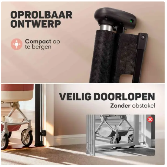 Vulpes Goods® - Aufrollbares Treppentor® - 145 x 84 cm - Ausgestattet mit Push-En-Lock-Kindersicherung und Farbindikator und Einhandbedienung - Für Kinder und Haustiere - Schwarzer Kunststoff und Mesh