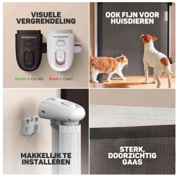 Vulpes Goods® - Aufrollbares Treppentor® - 145 x 84 cm - Ausgestattet mit Push-En-Lock-Kindersicherung und Farbindikator und Einhandbedienung - Für Kinder und Haustiere - Schwarzer Kunststoff und Mesh