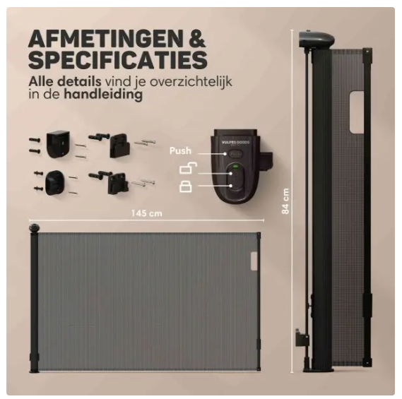 Vulpes Goods® - Aufrollbares Treppentor® - 145 x 84 cm - Ausgestattet mit Push-En-Lock-Kindersicherung und Farbindikator und Einhandbedienung - Für Kinder und Haustiere - Schwarzer Kunststoff und Mesh