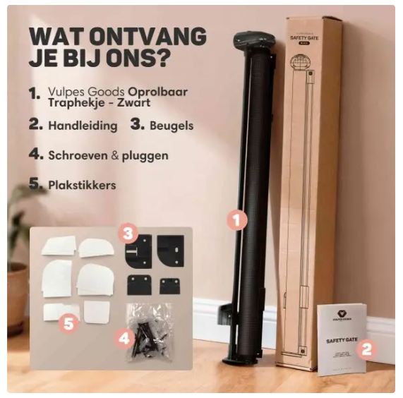 Vulpes Goods® - Aufrollbares Treppentor® - 145 x 84 cm - Ausgestattet mit Push-En-Lock-Kindersicherung und Farbindikator und Einhandbedienung - Für Kinder und Haustiere - Schwarzer Kunststoff und Mesh