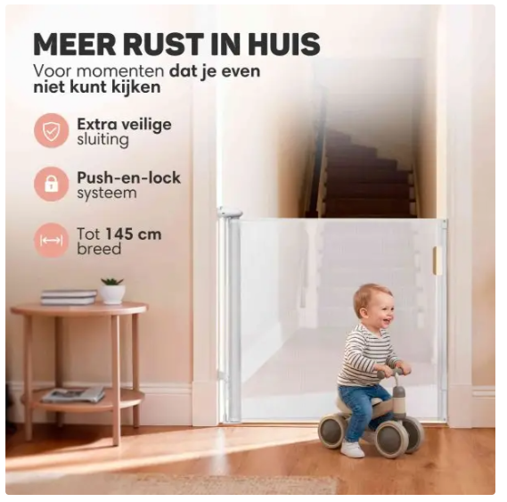 Vulpes Goods® - Aufrollbares Treppentor - 145 x 84 cm - Ausgestattet mit Push-En-Lock-Kindersicherung und Farbindikator und Einhandbedienung - Für Kinder und Haustiere - Weißer Kunststoff und Mesh
