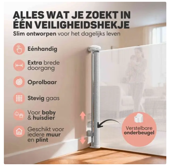 Vulpes Goods® - Aufrollbares Treppentor - 145 x 84 cm - Ausgestattet mit Push-En-Lock-Kindersicherung und Farbindikator und Einhandbedienung - Für Kinder und Haustiere - Weißer Kunststoff und Mesh