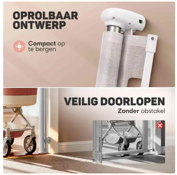 Vulpes Goods® - Aufrollbares Treppentor - 145 x 84 cm - Ausgestattet mit Push-En-Lock-Kindersicherung und Farbindikator und Einhandbedienung - Für Kinder und Haustiere - Weißer Kunststoff und Mesh