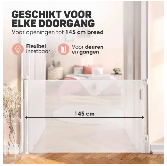 Vulpes Goods® - Aufrollbares Treppentor - 145 x 84 cm - Ausgestattet mit Push-En-Lock-Kindersicherung und Farbindikator und Einhandbedienung - Für Kinder und Haustiere - Weißer Kunststoff und Mesh