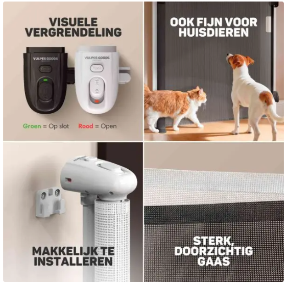 Vulpes Goods® - Aufrollbares Treppentor - 145 x 84 cm - Ausgestattet mit Push-En-Lock-Kindersicherung und Farbindikator und Einhandbedienung - Für Kinder und Haustiere - Weißer Kunststoff und Mesh