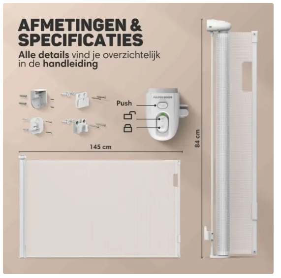 Vulpes Goods® - Aufrollbares Treppentor - 145 x 84 cm - Ausgestattet mit Push-En-Lock-Kindersicherung und Farbindikator und Einhandbedienung - Für Kinder und Haustiere - Weißer Kunststoff und Mesh