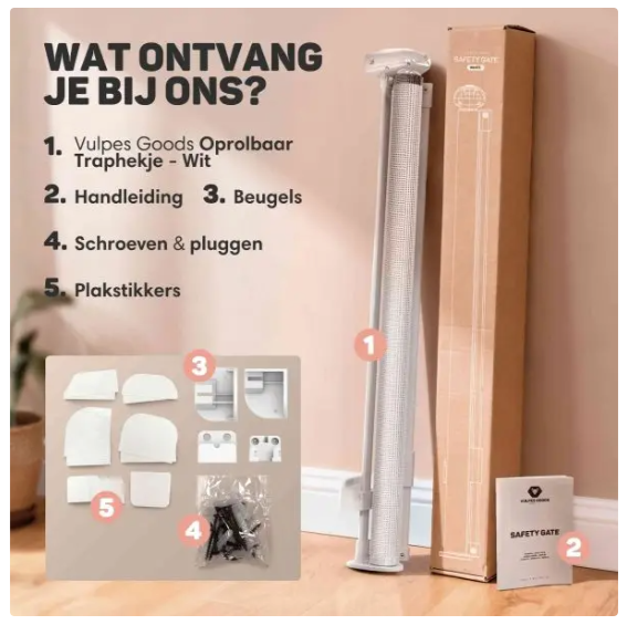 Vulpes Goods® - Aufrollbares Treppentor - 145 x 84 cm - Ausgestattet mit Push-En-Lock-Kindersicherung und Farbindikator und Einhandbedienung - Für Kinder und Haustiere - Weißer Kunststoff und Mesh