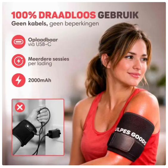 Vulpes Goods® - Tragbares Infrarotband Pro V2 - 35 x 15 cm - mit 80 LEDs und 3 Dimmstufen und wiederaufladbarem 2000mAh-Akku und Timer - für Rücken und Schultern und Arme - schwarzer Kunststoff und Textil