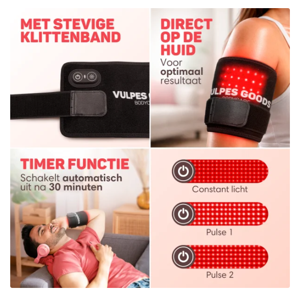 Vulpes Goods® - Tragbares Infrarotband Pro V2 - 35 x 15 cm - mit 80 LEDs und 3 Dimmstufen und wiederaufladbarem 2000mAh-Akku und Timer - für Rücken und Schultern und Arme - schwarzer Kunststoff und Textil
