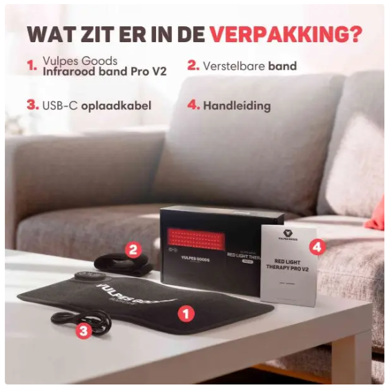 Vulpes Goods® - Tragbares Infrarotband Pro V2 - 35 x 15 cm - mit 80 LEDs und 3 Dimmstufen und wiederaufladbarem 2000mAh-Akku und Timer - für Rücken und Schultern und Arme - schwarzer Kunststoff und Textil