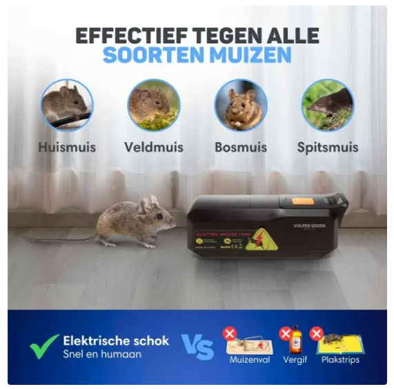 Vulpes Goods® - Elektrische Mausefalle Mini - 18,8 x 8 x 6 cm - Ausgestattet mit 1800V Schockspannung und doppelter Leistung und LED-Anzeige und Summer - Für Innen und Küche - Schwarzer ABS-Kunststoff