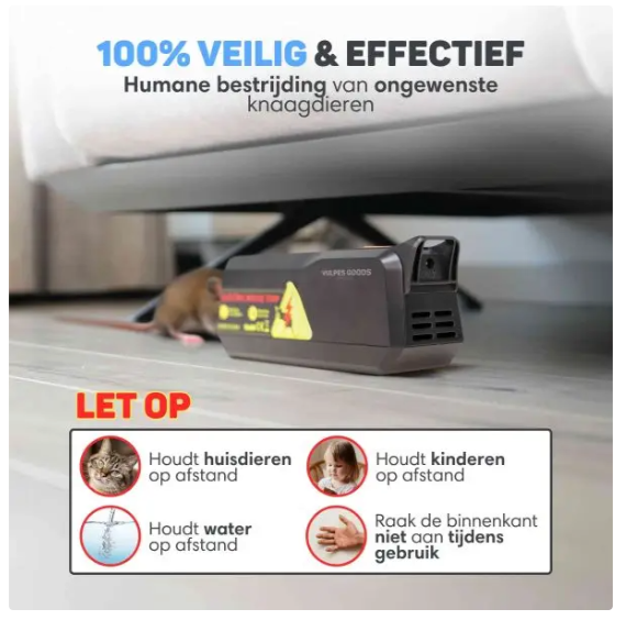 Vulpes Goods® - Elektrische Mausefalle Mini - 18,8 x 8 x 6 cm - Ausgestattet mit 1800V Schockspannung und doppelter Leistung und LED-Anzeige und Summer - Für Innen und Küche - Schwarzer ABS-Kunststoff