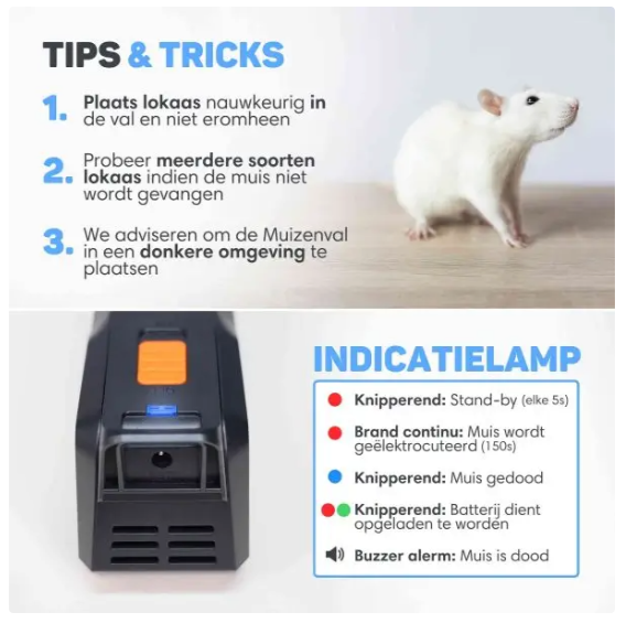 Vulpes Goods® - Elektrische Mausefalle Mini - 18,8 x 8 x 6 cm - Ausgestattet mit 1800V Schockspannung und doppelter Leistung und LED-Anzeige und Summer - Für Innen und Küche - Schwarzer ABS-Kunststoff