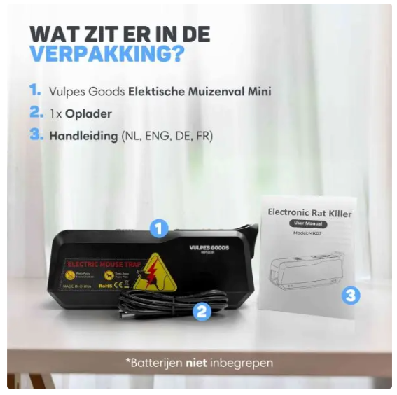 Vulpes Goods® - Elektrische Mausefalle Mini - 18,8 x 8 x 6 cm - Ausgestattet mit 1800V Schockspannung und doppelter Leistung und LED-Anzeige und Summer - Für Innen und Küche - Schwarzer ABS-Kunststoff