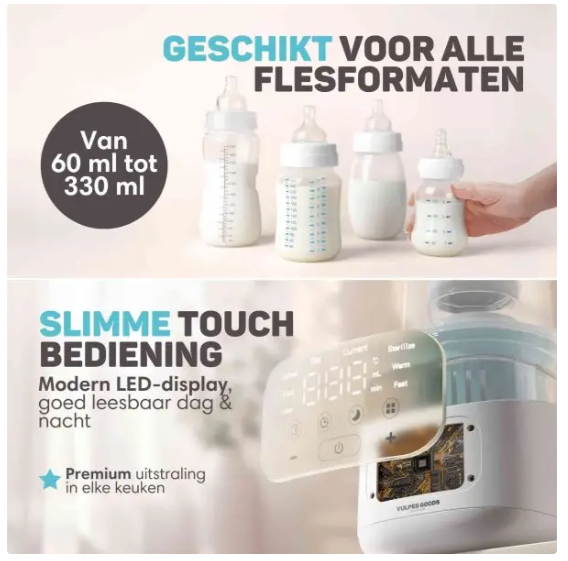 Vulpes Goods® - Flaschenwärmer PRO V2 - 10-in-1 - mit Sterilisationsfunktion und Nachtlicht sowie 24-Stunden-Wärmefunktion und Timer - für alle Flaschenmarken und -gläser - luxuriöses weißes und weiches blaues BPA-freies Plastik