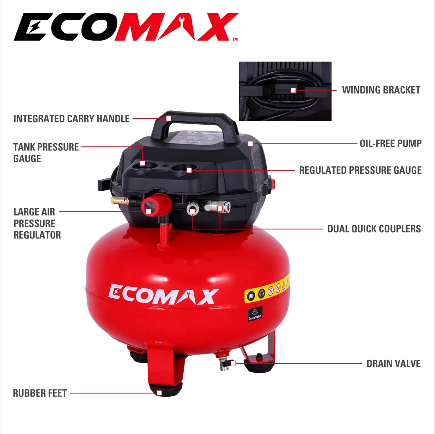 Ecomax Pancake Air Compressor 23L - Kompakt und leistungsstark - Doppelanschluss