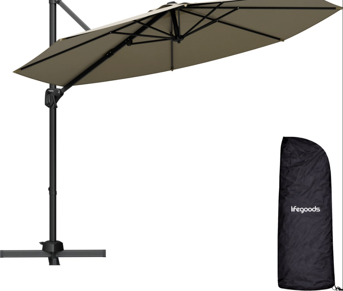 LifeGoods Schwebender Sonnenschirm Ø300 cm - 360° drehbar - 6 Ständer - Inkl. Abdeckung - Taupe