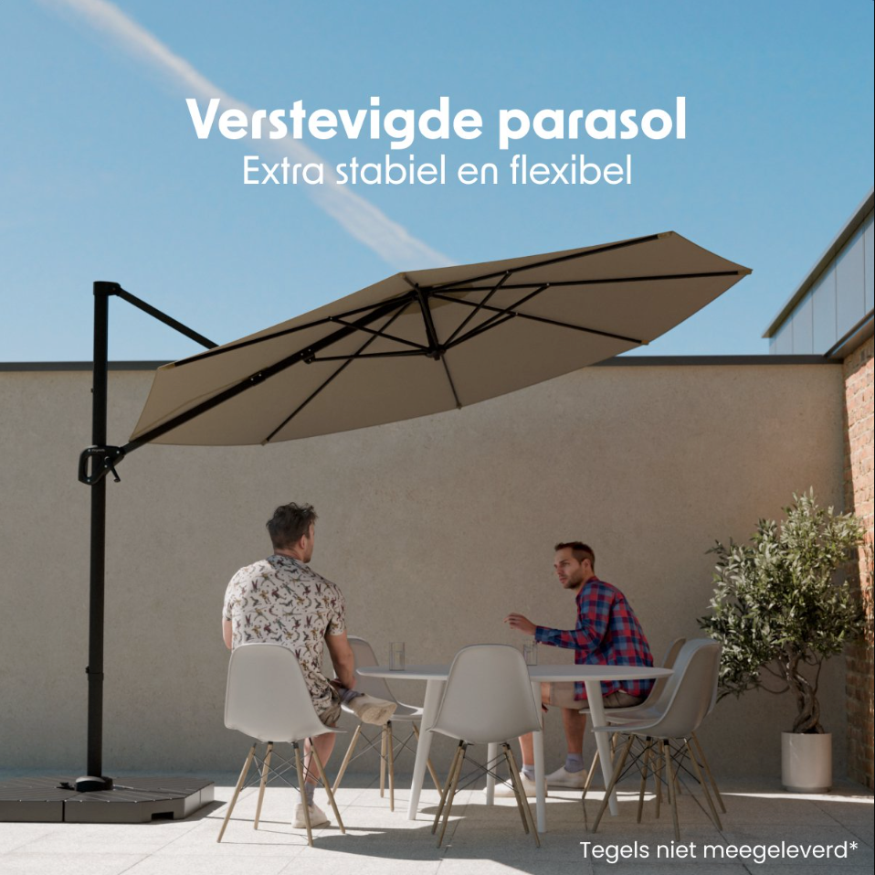 LifeGoods Schwebender Sonnenschirm Ø300 cm - 360° drehbar - 6 Ständer - Inkl. Abdeckung - Taupe