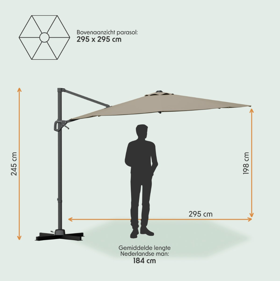 LifeGoods Schwebender Sonnenschirm Ø300 cm - 360° drehbar - 6 Ständer - Inkl. Abdeckung - Taupe