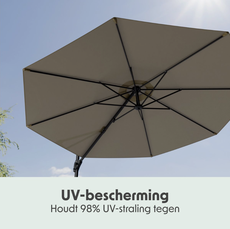 LifeGoods Schwebender Sonnenschirm Ø300 cm - 360° drehbar - 6 Ständer - Inkl. Abdeckung - Taupe