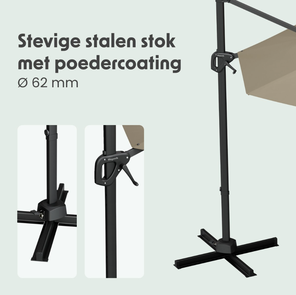 LifeGoods Schwebender Sonnenschirm Ø300 cm - 360° drehbar - 6 Ständer - Inkl. Abdeckung - Taupe