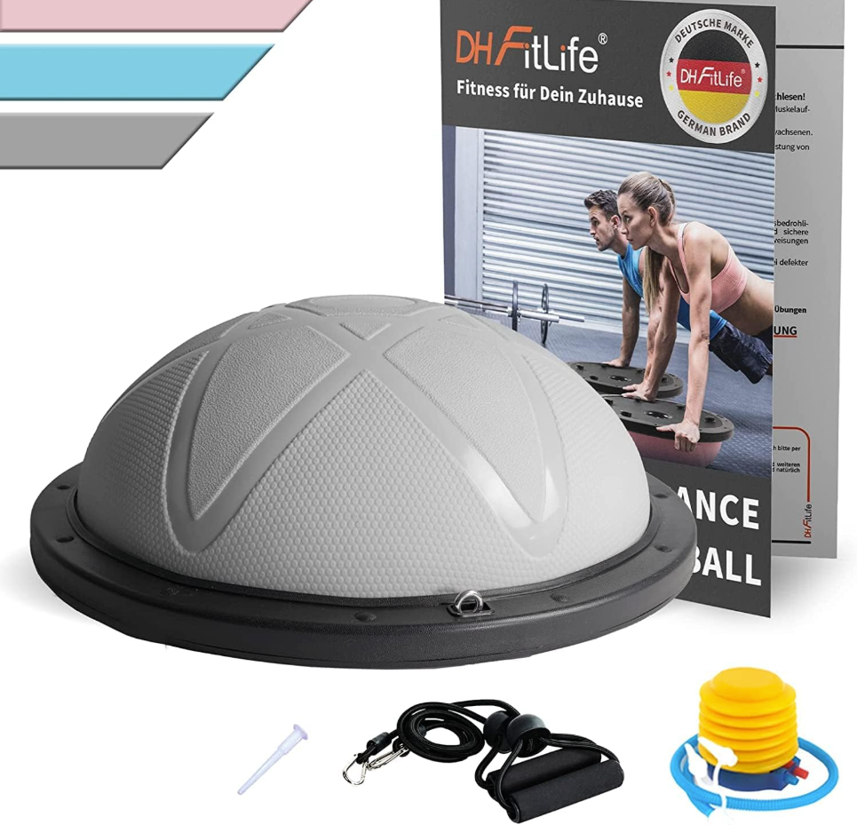 DH FitLife Balance Ball - Yoga Balance Trainer Ø60 cm, halber Gymnastikball mit Widerstandsriemen & Pumpe, aufladbar bis zu 200 kg - Balance Board Fitness - Grau