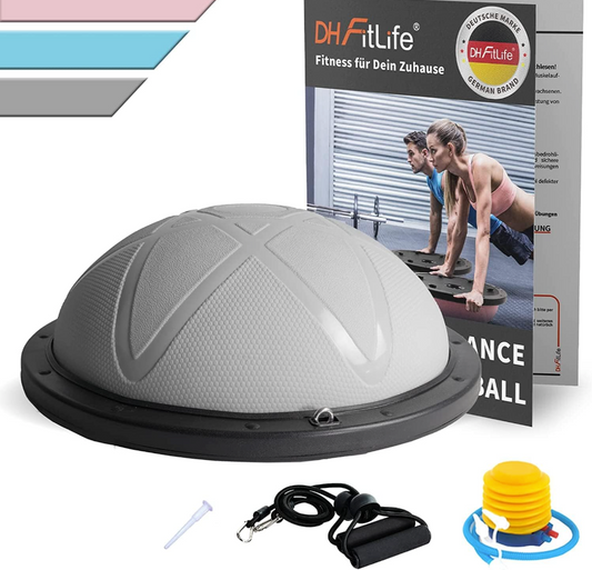 DH FitLife Balance Ball - Yoga Balance Trainer Ø60 cm, halber Gymnastikball mit Widerstandsriemen & Pumpe, aufladbar bis zu 200 kg - Balance Board Fitness - Grau